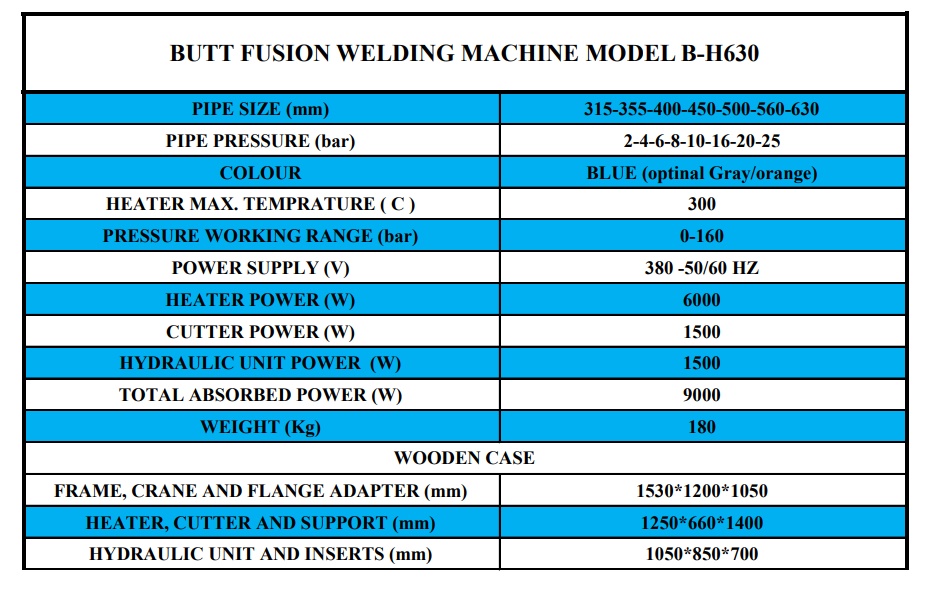 مشخصات فنی دستگاه جوش پلی اتیلن 630 هیدرولیک